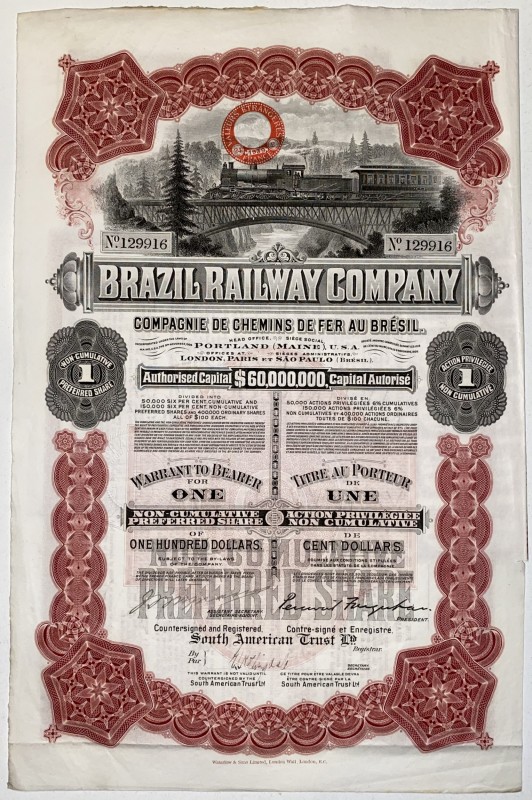 Brazil Portland (Maine) Brazil Railway Company Preferred Share Warrant 1 Share o...