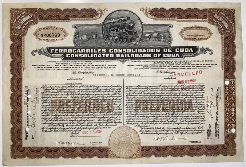 Cuba Consolidated Railroads of Cuba Preferred Share 10 Shares 1928
.