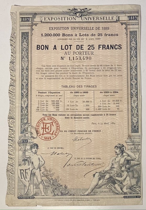 France Paris World Fair of 1889 Bond 25 Francs 1889
Exposition Universelle de 1...