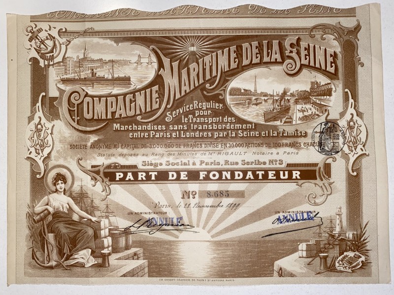 France Paris Paris-London Shipping Company Founders Share 1899
Compagnie Mariti...