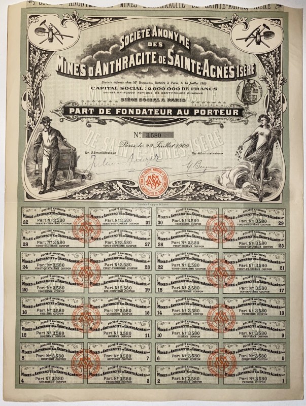 France Paris Sainte-Agnes Anthracite Mining Company Founders Share 1909
Mines d...