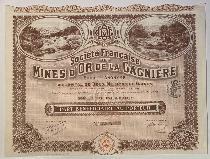 France Paris French Gagniere Gold Mining Company Profit Share 1910
Societe Fran...