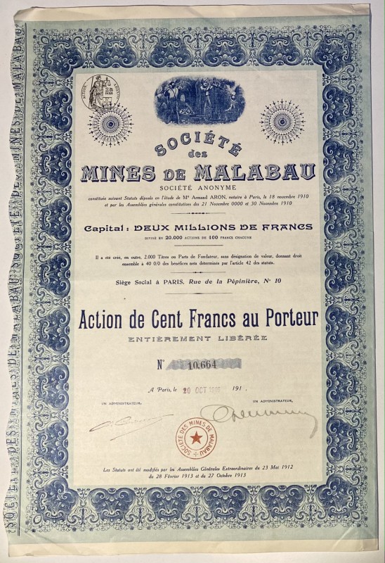 France Paris Malabau Mining Company Share 100 Francs 1916
Societe des Mines de ...