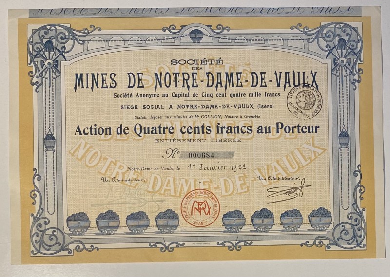 France Notre-Dame-de-Vaulx Notre-Dame-de-Vaulx Mining Company Share 400 Francs 1...