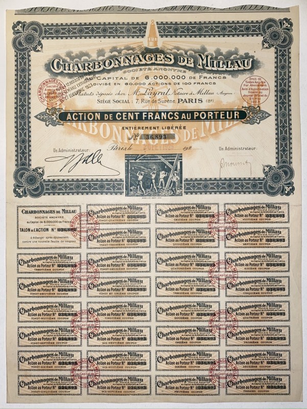 France Paris Millau Coal Mining Company Share 100 Francs 1925
Charbonnages de M...