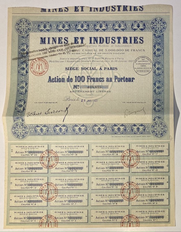 France Paris Mining and Industrial Company Share 100 Francs 1927
Mines et Indus...