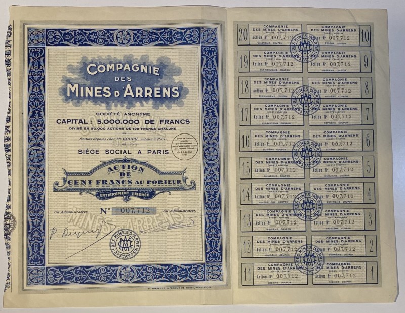 France Paris Arrens Mining Company Share 100 Francs 1932
Compagnie des Mines d'...