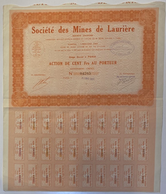 France Paris Lauriere Mining Company Share 100 Francs 1933
Societe des Mines de...