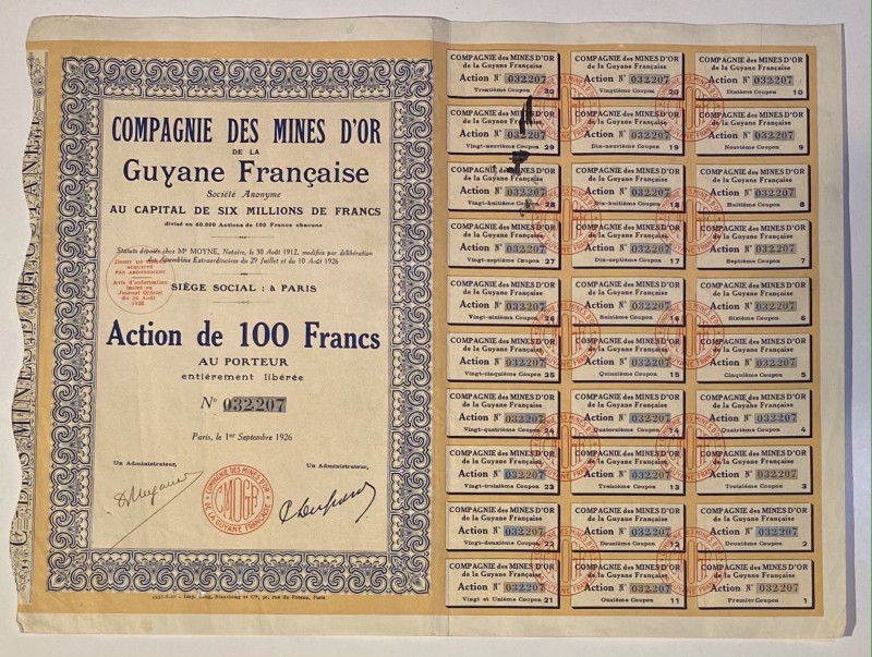 French Guiana Paris French Guiana Gold Mining Company Share 100 Francs 1926
Com...