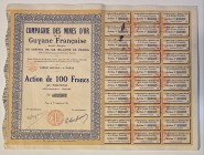 French Guiana Paris French Guiana Gold Mining Company Share 100 Francs 1926
Compagnie des Mines d'Or de la Guyane Francaise, Action de 100 Francs, Pa...