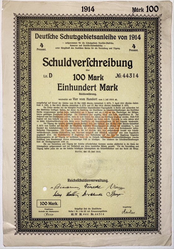 Germany Berlin German Colonial Empire / Deutsche Schutzgebiete 4% Bond 100 Mark ...