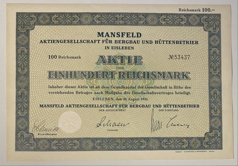 Germany Eisleben Mansfeld Mining and Smelting Company Share 100 Reichsmark 1933...