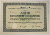 Germany Eisleben Mansfeld Mining and Smelting Company Share 100 Reichsmark 1933
Mansfeld AG für Bergbau und Hüttenbetrieb, Aktie über 100 Reichsmark,...