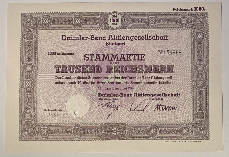 Germany Stuttgart Daimler-Benz Share 1000 Reichsmarks 1942
Daimler-Benz AG, Sta...
