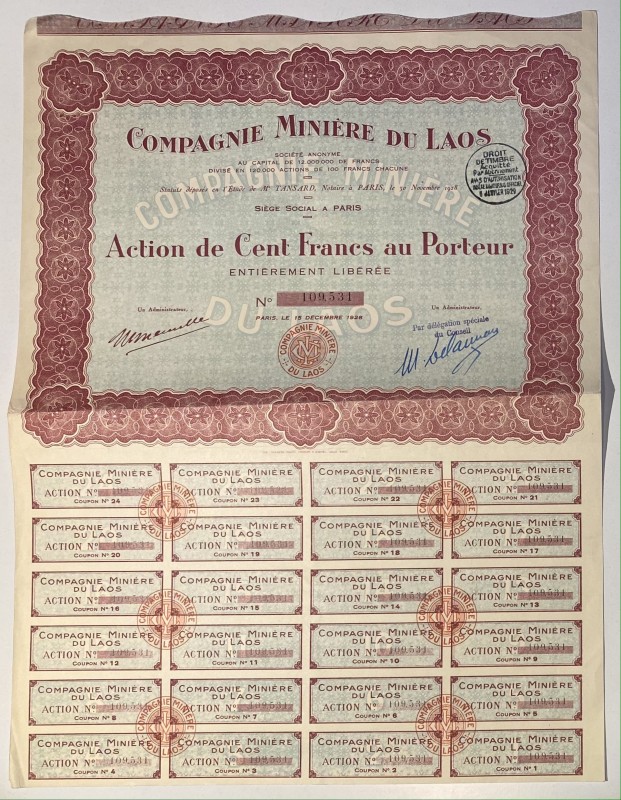 Lao Paris Laos Mining Company Share 100 Francs 1928
Compagnie Miniere du Laos, ...