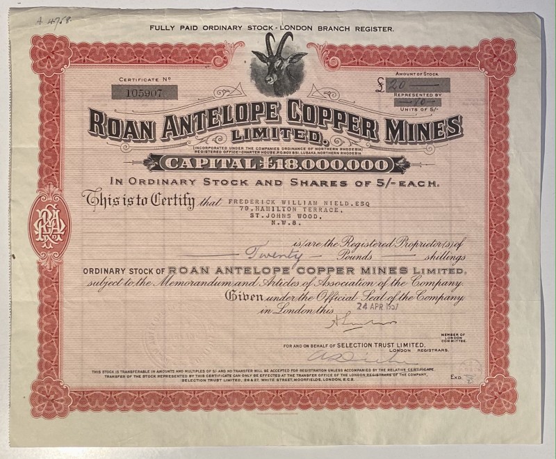 South Africa London Roan Antelope Copper Mines Limited Ordinary Share 20 Pounds ...