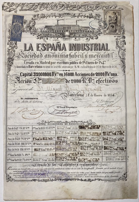 Spain Barcelona Spanish Industrial Company Share 2000 Reales Vellon 1854
La Esp...