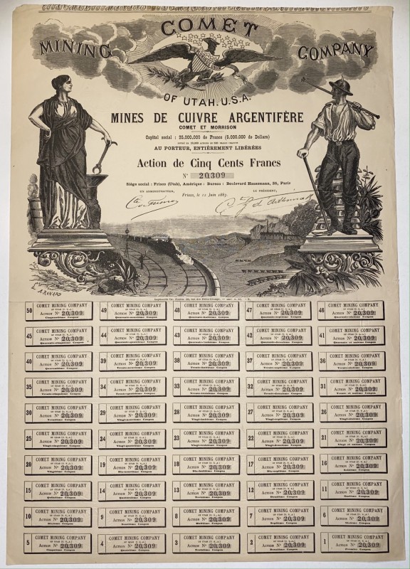 United States Frisco Comet Mining Company of Utah Share 500 Francs 1883
Mines d...