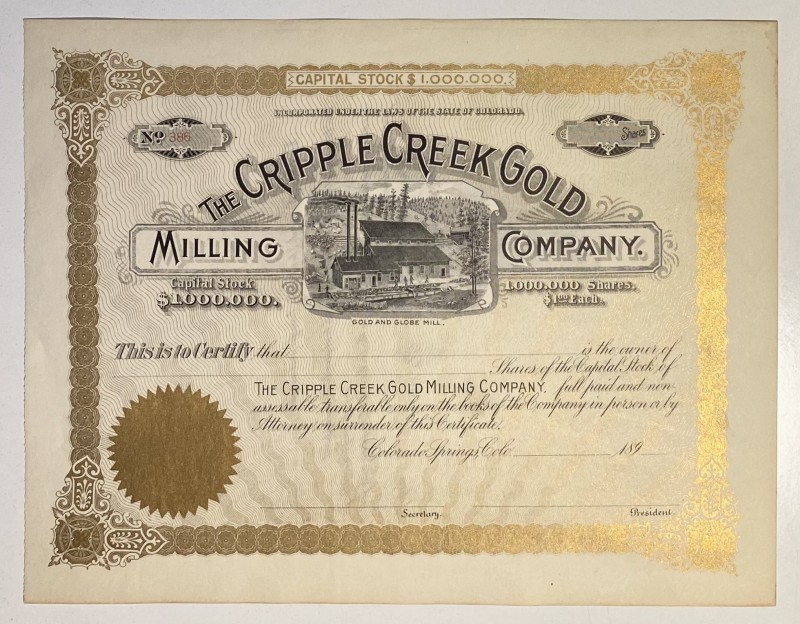 United States Colorado Springs, Colorado Cripple Creek Gold Milling Company Shar...