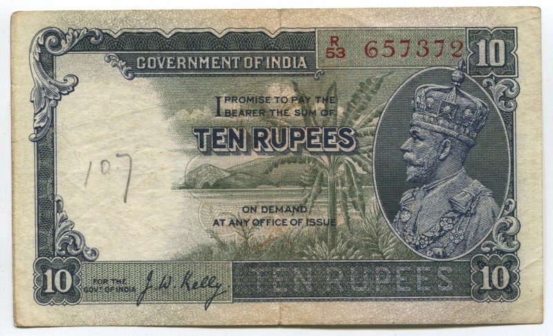 India British Administration 10 Rupees 1928 -35 Rare
P# 16b; № R53-657372; Cris...