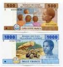 Central African States 500 - 1000 Francs 2002 T
P# 106Ta - 107Ta; UNC