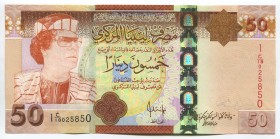 Libya 50 Dinars 2008
P# 75; № 025850; "Muammar Qaddafi"; UNC