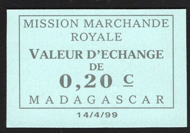 Madagascar Mission Marchande Royale 20 Centimes 1950
P# NL; Exchange voucher; a...