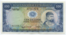 Portuguese Guinea 100 Escudos 1971
P# 45a; № 815350; UNC; "Nuno Tristão"