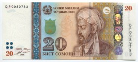 Tajikistan 20 Somoni 2018
P# 25c; UNC; "Avicenna"