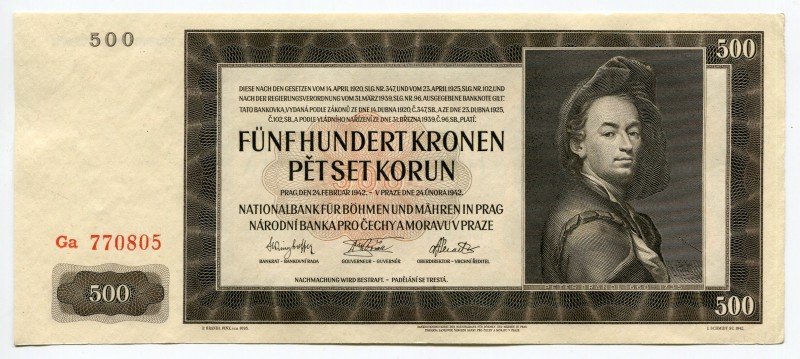 Bohemia & Moravia 500 Korun 1942
P# 12; II. Auflage