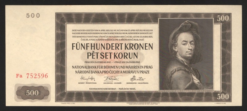 Bohemia & Moravia 500 Korun 1942 Not Specimen
P# 12a; UNC