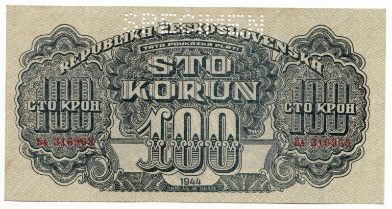 Czechoslovakia 100 Korun 1944 Specimen
P# 48s; UNC — UNC-