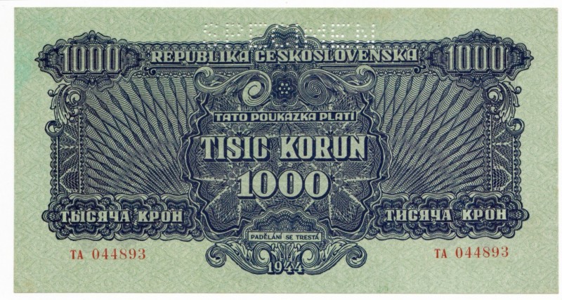 Czechoslovakia 1000 Korun 1944 Specimen
P# 50s; UNC-