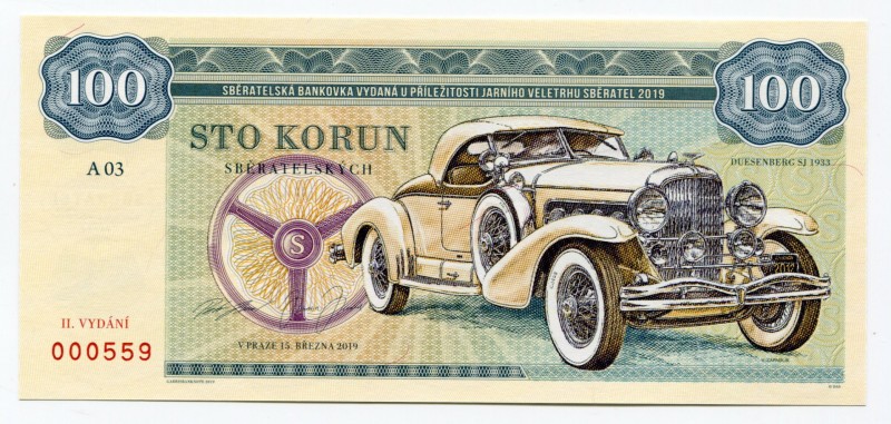 Czech Republic 100 Korun 2019 Specimen "Duesenberg SJ 1933"
Fantasy Banknote; L...