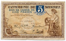 Belgium 5 Francs 1915 Commune De Wegnez
№ 049525