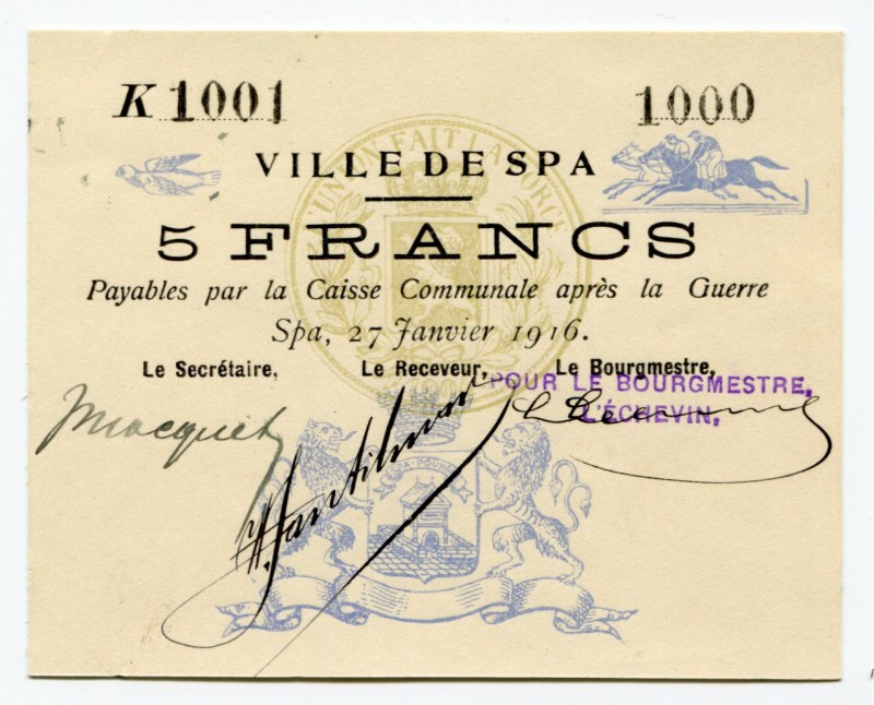 Belgium 5 Francs 1916 Ville De Spa
UNC