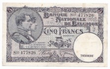 Belgium 5 Francs 1938
P# 108a; VF+