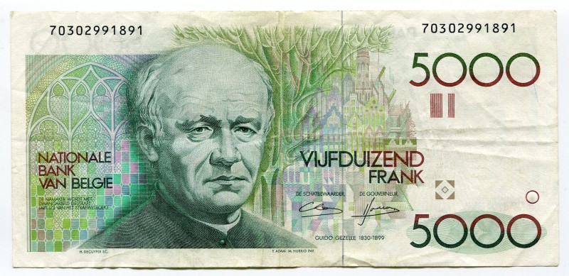 Belgium 5000 Francs 1982 -92
P# 145a; № 70302991891; VF