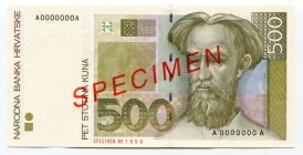 Croatia 500 Kuna 1994 Specimen
P# 34s; UNC