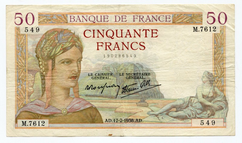 France 50 Francs 1938
P# 85b; № 190286549; VF