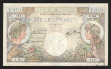 France 1000 Francs 1940
P# 96a; Without holes; XF-aUNC
