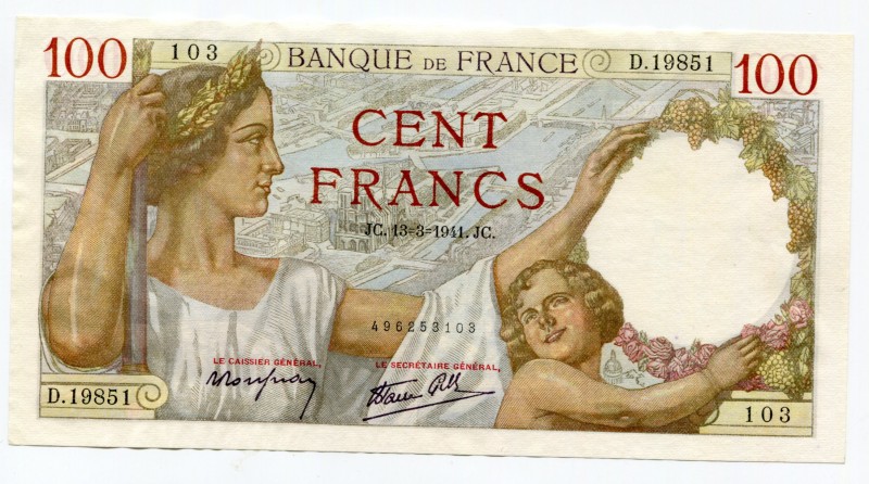 France 100 Francs 1941
P# 94; № 496253103; UNC