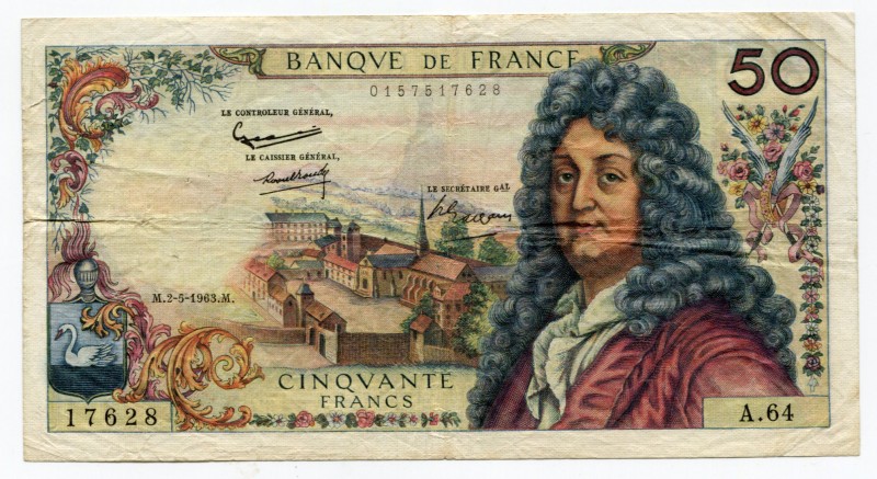 France 50 Francs 1963
P# 148a; № 0157517628; VF