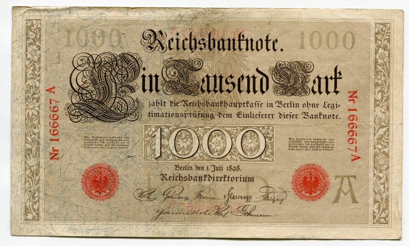 Germany - Empire 1000 Mark 1898
P# 21; № 166667A; VF