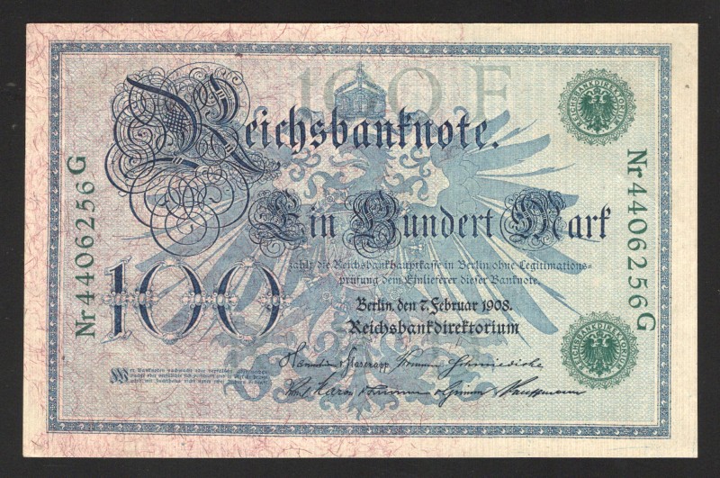 Germany - Empire 100 Mark 1908
P# 34; Green serial number; UNC