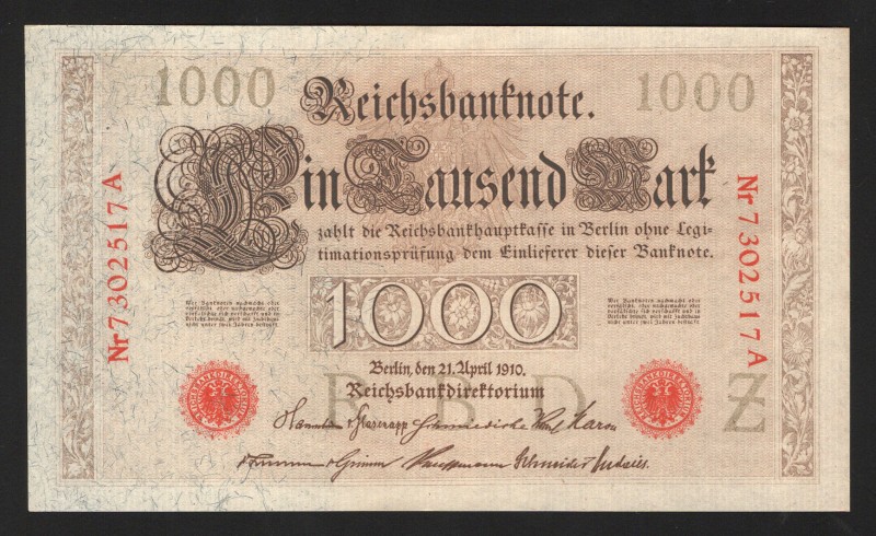 Germany - Empire 1000 Mark 1910
P# 44b; Red serial number; UNC