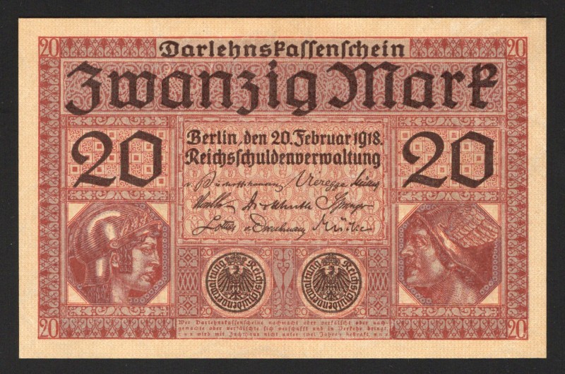 Germany - Empire 20 Mark 1918
P# 57; UNC