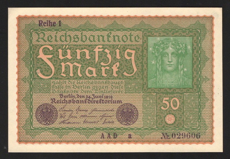 Germany - Empire 50 Mark 1919
P# 66; UNC