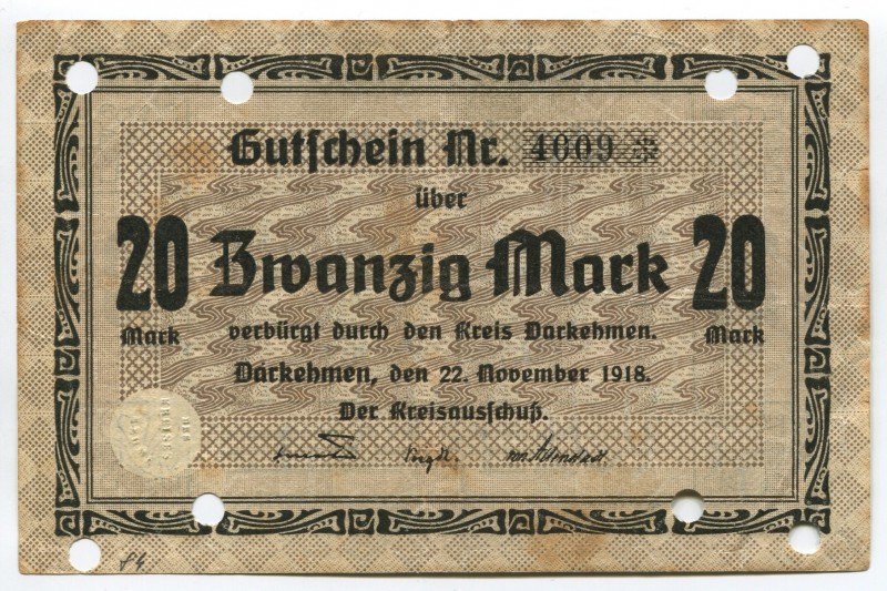 Germany East Prussia Darkehmen 20 Mark 1918
Karpinski# 10F; № 4009; Crispy; XF...