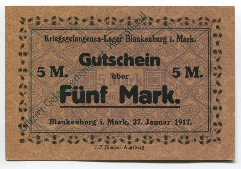 Germany East Prussia Kamstigall Blankenburg 5 Mark 1917 POW Сamp
Karpinski# 21....